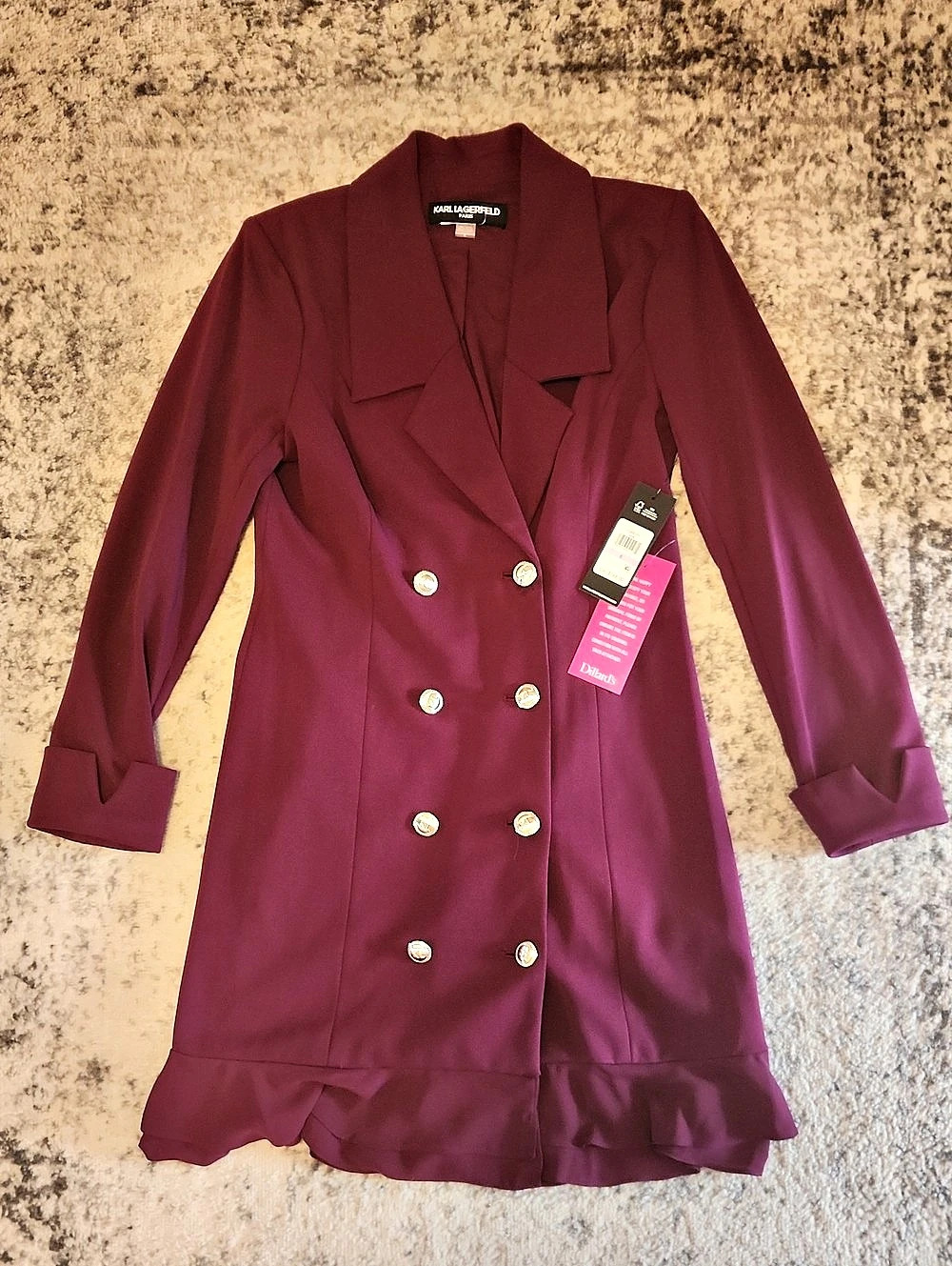 KARL LAGERFELD PARIS Double-Breasted Ruffle Hem Dress Plum Color